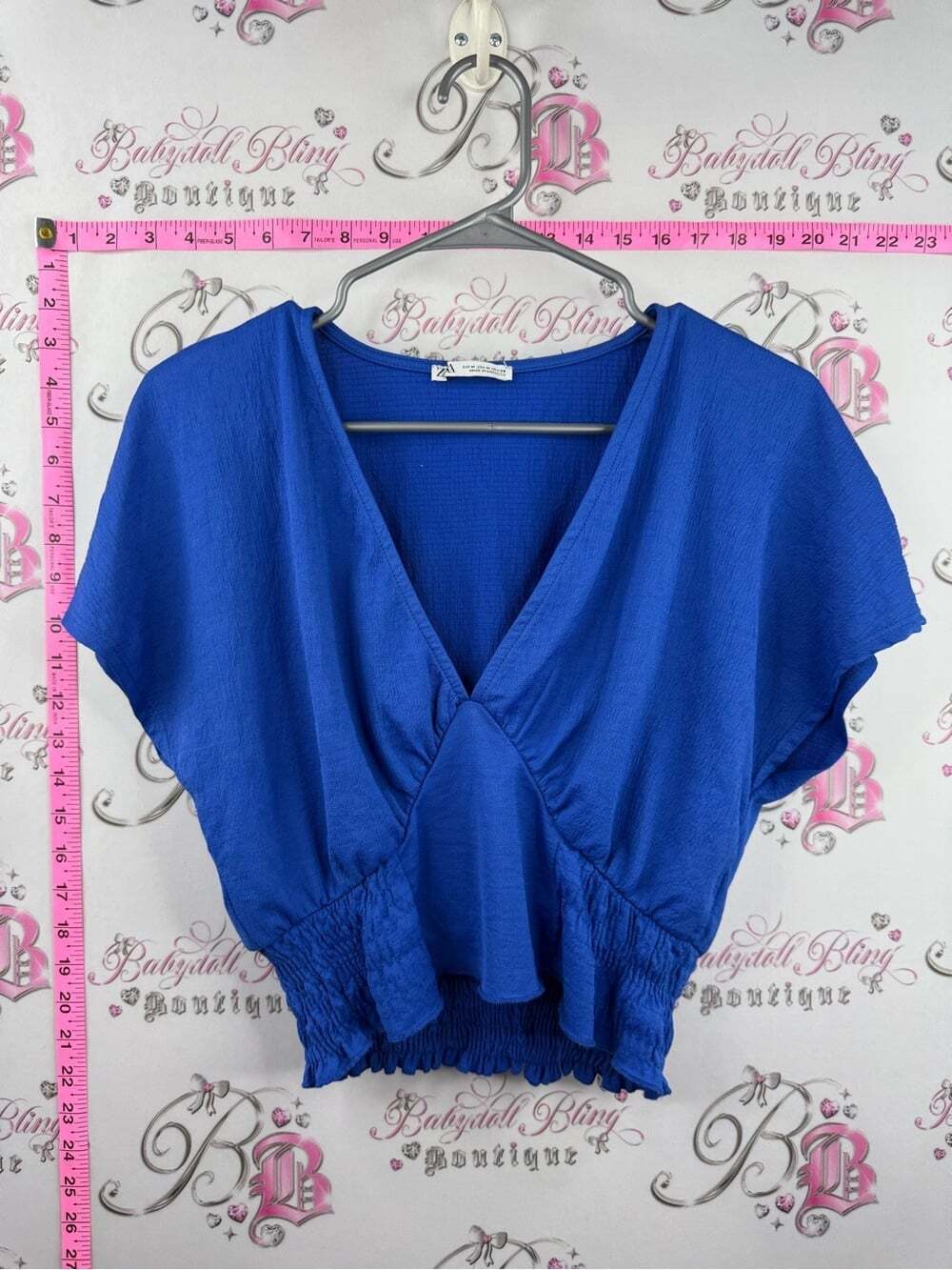 Zara tshirt flowy Royal Blue V-Neck Cropped Blouse with Smocked Hem